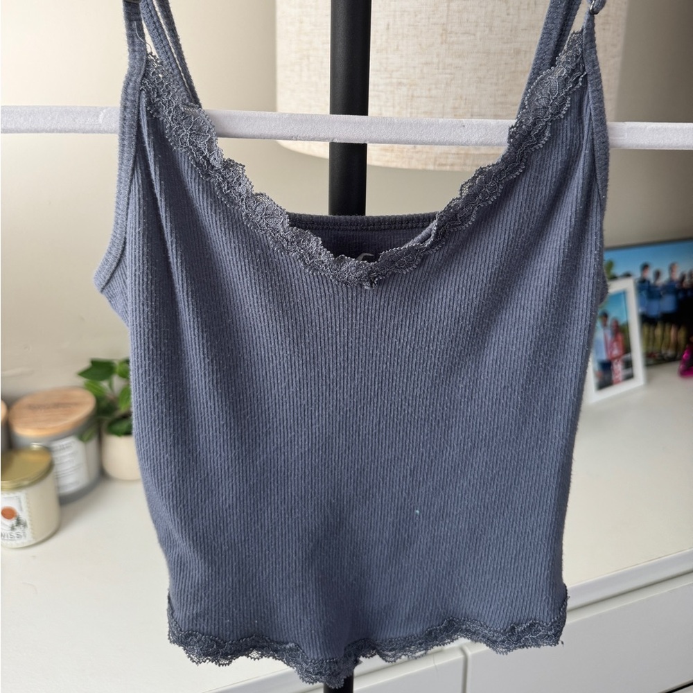 Hollister V Bottom Lace Trim Tank Top- Navy Blue